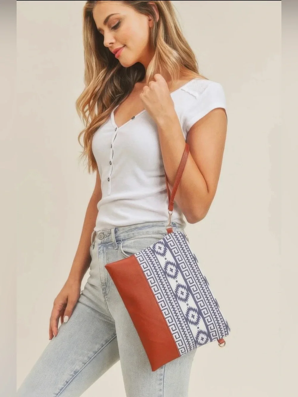 Aztec Crossbody & Wristlet Bag  Navy and White with Faux Leather Accents